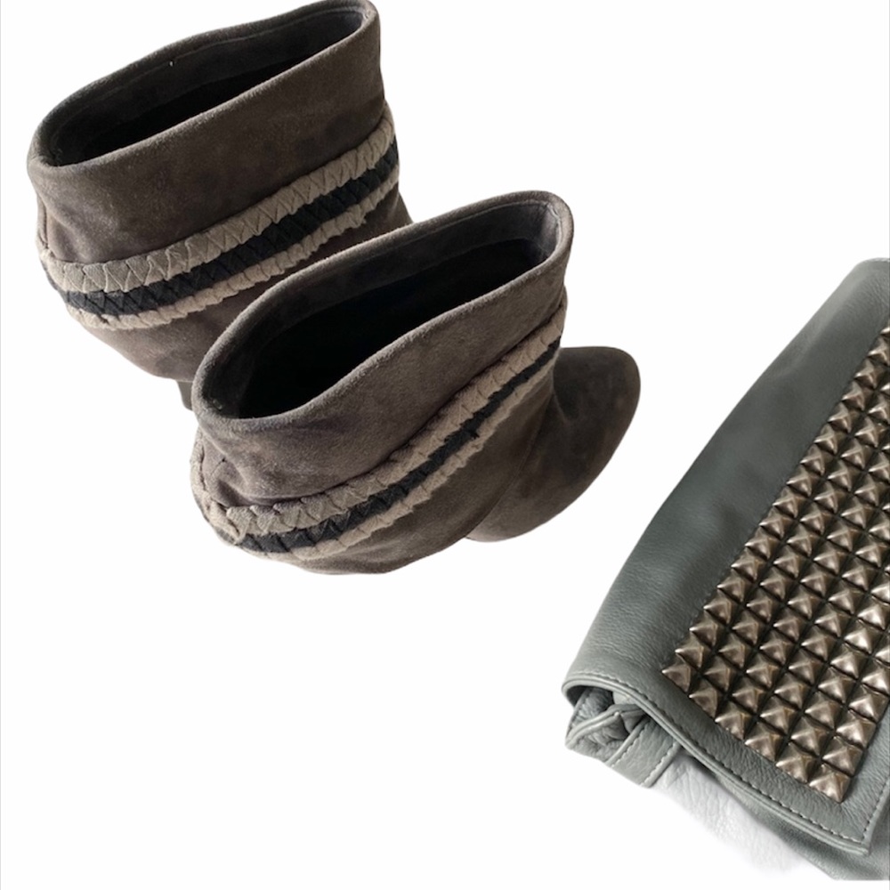 Tracy Reese ᪥ Piper Suede Heeled Ankle Bootie ᪥ Ribbon Detail ᪥ Gunmetal ᪥ 7M - Picture 4 of 10